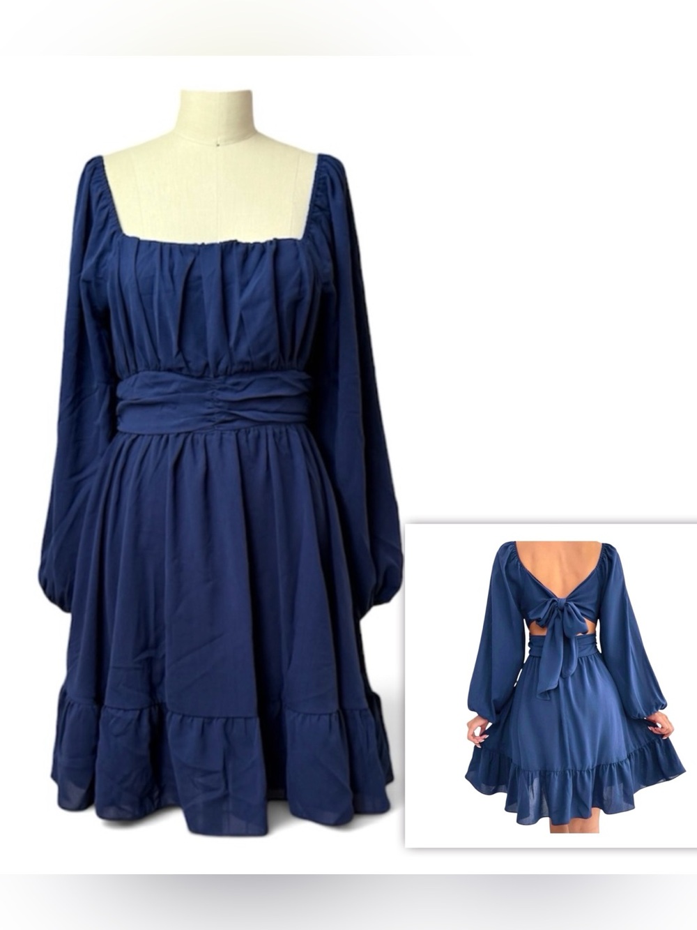 SHEIN Tie Back Ruffle Hem Skater Dress Navy Blue L